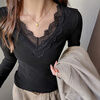 Lurang Song lace V-neck bottoming shirt for women in autumn and winter with German velvet brushed inner, slim fit, versatile long-sleeved top, shoulder T-shirt, white M (suitable for 95-115 pounds)