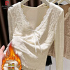 Pierre Cardin large size velvet thickened lace bottoming shirt women's fat m girl autumn and winter warm inner wear V-neck mesh long-sleeved T-shirt white velvet thickened XXS