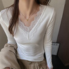 Lurang Song lace V-neck bottoming shirt for women in autumn and winter with German velvet brushed inner, slim fit, versatile long-sleeved top, shoulder T-shirt, white M (suitable for 95-115 pounds)