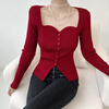 Pierre Cardin French Hong Kong style retro burgundy slim-fitting sweater long-sleeved square neck wave collar buttoned bottoming shirt top for women trendy red S