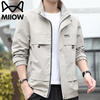 Cat Man Jacket Men's Spring and Autumn Windproof Stand Collar Work Jacket Loose Breathable Top Khaki XL