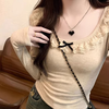 Miao Yijia thickened velvet bottoming shirt for outer wear for women in autumn and winter, western style 2025 new lace sexy and high-end sense lace collar bow long-sleeved T-shirt oatmeal color L recommended 110-120 pounds