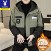 Playboy Men's Jacket 2026 New Trendy Men's Workwear Hooded Velvet Jacket Winter Thickened Cotton Jacket Men's Velvet 3310-Green Thickened XL Recommended 120-140 catties
