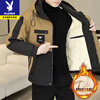 Playboy Men's Jacket 2026 New Trendy Men's Workwear Hooded Velvet Jacket Winter Thickened Cotton Jacket Men's Velvet 3310-Green Thickened XL Recommended 120-140 catties