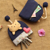 CLCEY is suitable for cartoon cute fabric pull-out key bag access control meal card holder zipper coin bag women's key dark blue cat patchwork flower