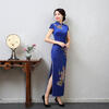 Should performance wear cheongsam long autumn catwalk stage performance Chinese style cheongsam etiquette large size welcome daily cheongsam 1068 royal blue 3XL