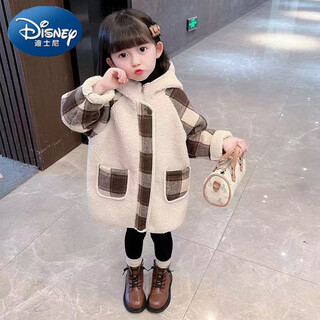 Disney (disney) girls' woolen coat winter clothing 2024 new children's thick plaid wool sweater baby hooded lamb's jacket khaki thick woolen coat 110 recommended height 100-110