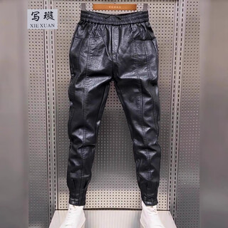 Write xuan winter men's leather pants with velvet and thickening to keep warm, high-waisted, waterproof and windproof, large size loose leather pants for motorcycles and motorcycles, men's leather pants black, no velvet 3xl 150-165jin jin is equal to 0.5kg recommendation
