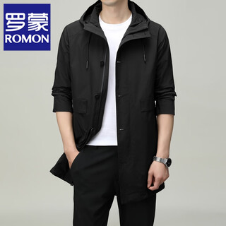 Romon men's windbreaker jacket men's mid-length spring and autumn new trendy cloak coat casual hooded jacket men's black 170