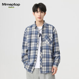 MMOPTOP日系复古长袖格子衬衫男士秋冬季潮流宽松休闲衬衣2209深蓝XL