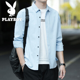 花花公子（PLAYBOY）长袖衬衫男士春夏季纯棉衬衣工装宽松商务休闲外套保龄球上衣服秋 浅蓝色【长袖款】 L