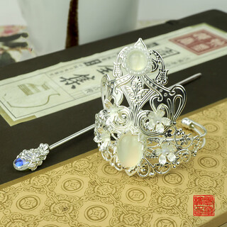 Handmade lingxiao hair crown hanfu headdress for men and women, fairy ancient style gift ball head, silver + jinghong hairpin