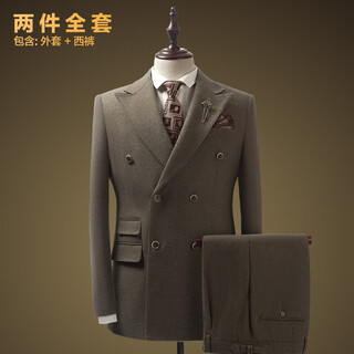 Leshili suit men's autumn and winter thick wool double-breasted slim fit business casual groom's wedding suit three-piece woolen double-breasted two-piece suit 170/m/48 size, default with size 30 pants