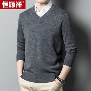 Hengyuanxiang wool sweater men's autumn and winter thickened v-neck machine washable worsted sweater medium gray 180