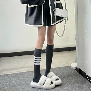 Jiefitu calf socks women's spring and summer long socks knee socks cotton jk socks piles of garters bar sports mid-calf socks trendy stockings a85 dark gray 4-bar knee socks one size