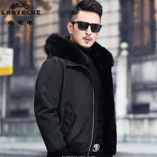 老爷车派克服王皮毛一体男款仿皮草冬季外套貂绒狐狸毛领短款大衣派克服 黑色（袖子带毛毛） L120斤-130斤