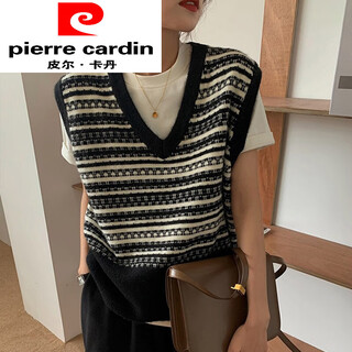 Pierre cardin retro black and white striped v-neck knitted vest for women 24 spring and autumn korean version short sleeveless sweater vest vest black and white s