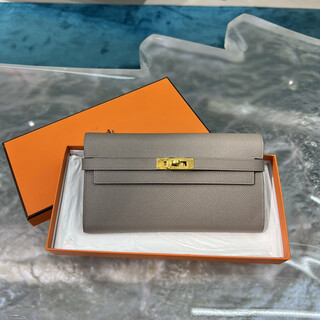 Hermes (hermes) second-hand 95 new hermes (hermes) kelly long wallet galaxy gray gold buckle epsom leather c-engraved no accessories
