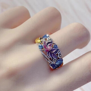 Qmxd ring for women burned blue enamel to attract wealth and transfer koi lotus retro style national trend han costume accessories niche trend opening ring + exquisite gift box