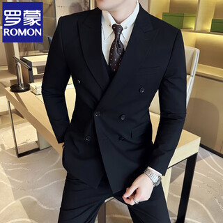 Romon high-end customized suit men's british style double-breasted business casual suit large size three-piece formal wedding suit 338 black double-breasted single-piece suit 3xl (155-170jin jin equals 0.5 kg)
