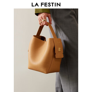 Lafitin ticket lucky bucket bag 2025 new genuine leather shoulder crossbody bag women's niche portable bucket bag 621896 biscuit color first layer cowhide large size