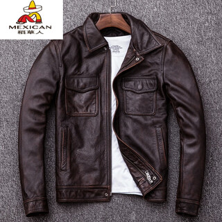 Scarecrow clearance really good leather jacket men's special price lapel short leather jacket for young and middle-aged people cotton large size leather jacket autumn and winter trend thin section red brown distressed 2xl