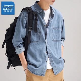 Jeanswest denim shirt men's long-sleeved spring and autumn new american fashion brand pure cotton shirt high-end men's jacket light blue l