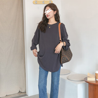 Maternity wear, spring and autumn tops, korean style fashionable long-sleeved t-shirts for going out, large size loose and stylish autumn bottoming shirts, iron gray_ all-match shirt sleeves cotton t-shirt, one size fits all