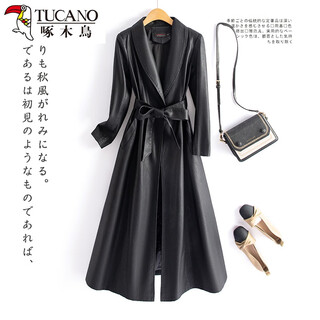 Woodpecker genuine leather coat women's mid-length windbreaker haining 2024 autumn and winter korean style slim fur coat sheepskin jacket black m weight 88jin jin equals 0.5 kg -jin jin equals 0.5 kg