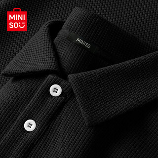 Miniso waffle short sleeve men's summer new trendy collar loose polo shirt men's versatile solid color daily wear black xl 180 (does not pill or fade)