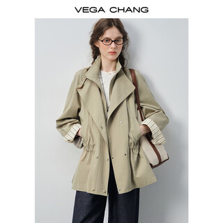 Vega chang elite wardrobe windbreaker women small 2025 new autumn double-breasted striped splicing loose jacket mist khaki s