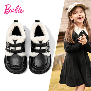 芭比童鞋女童皮鞋二棉鞋冬季加绒皮鞋儿童毛毛鞋 DA6102 黑色30码