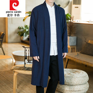 皮尔卡丹（pierre cardin）中国风长款棉麻风衣男翻领宽松休闲长衫汉服披风对襟居士外套 藏青 M 100-120斤