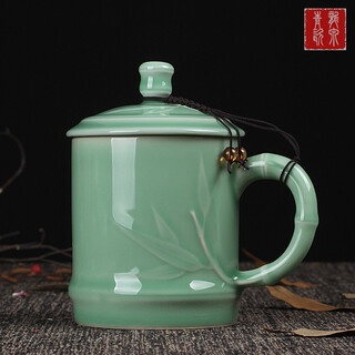 青瓷茶杯家用男女泡茶杯陶瓷带盖大号水杯个人会议杯定制礼品