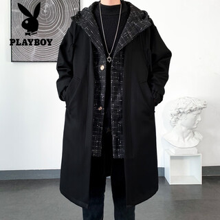 Playboy windbreaker men's coat mid-length trendy loose winter thick korean style fake two-piece hooded woolen coat black 2xl