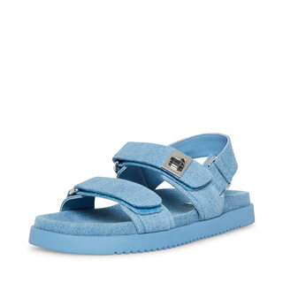 Steve madden women's flat sandals mona three-strap design adjustable velcro outdoor casual party denim color 37-38 eu