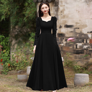 Li baixin black evening dress annual meeting velvet light luxury niche high-end sense vocal music art test birthday banquet dress host black velvet long long sleeves m