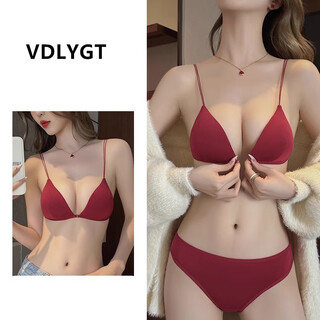 Victoria palace sexy bra red underwear small breast gathering ultra-thin wireless sexy front buckle bra set burgundy - set l (suitable for 80ab)
