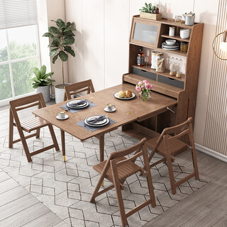 Xiao mu wu folding dining table, chair and sideboard combination nordic small apartment dining table and chair combination telescopic tabletop dining table + 4 chairs (raw wood color)
