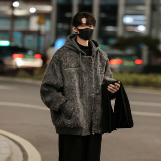 Qgf autumn and winter new fake two-piece woolen coat men's hooded trendy brand handsome korean style lazy style top coat gray xl recommended 125-140jin jin equals 0.5 kg