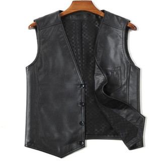Caesar yier genuine leather clothing men's casual vest men's vest vest jacket dad's leather waistcoat sleeveless cycling fishing motorcycle black l