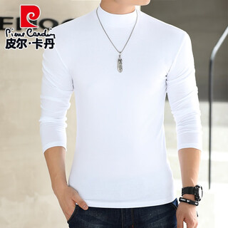 Pierre cardin half turtleneck bottoming shirt men's pure cotton t-shirt solid color slim fit simple casual mid-collar long-sleeved inner thick top white xl 140jin jin equals 0.5kg, left and right wear