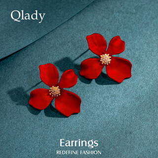 Qlady flower red earrings female temperament high-end niche unique earrings for women 2025 new light luxury silver needle earrings for women
