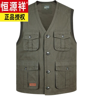 Hengyuanxiang men's spring and autumn pure cotton thickened vest, middle-aged and elderly multi-pocket casual vest jacket dad's vest cotton back military green 2xl (recommended 145-165jin jin equals 0.5 kg)