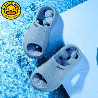 G.duck little yellow duck feels like stepping on shit, children's slippers with leaky holes for boys and girls, non-slip soft bottom, home bathroom, silent parent-child bathing, cqx-blue wp011, size 33-34, inner length 21.0cm