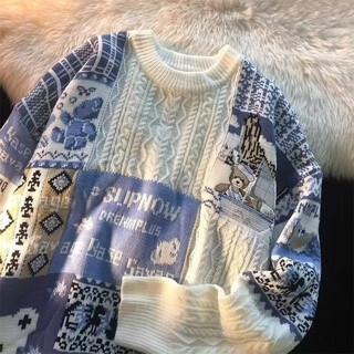 Haozhu american retro sweater men's autumn and winter loose lazy style thickened pullover sweater casual couple sweater ym24 blue regular xl