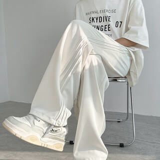 Poum casual pants men's autumn and winter high street trendy straight pants ice silk drape loose wide leg sports long pants men 101wp-k125 white regular 3xl