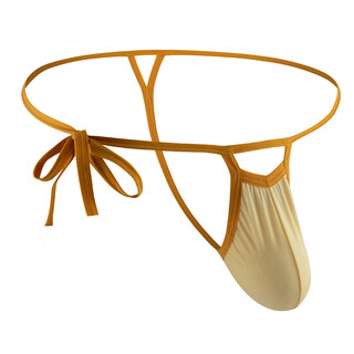 Men's thong belt side opening knotted rope ice silk soft, comfortable and sexy gay strappy sexy underwear, apricot color, one size