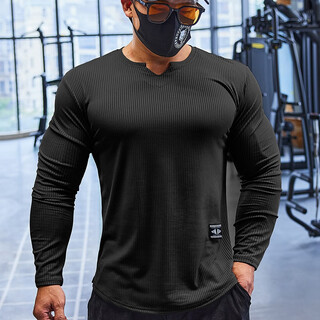 Lutielang fitness clothes sports t-shirt bottoming shirt men's long-sleeved elastic quick-drying muscle training running top black xl