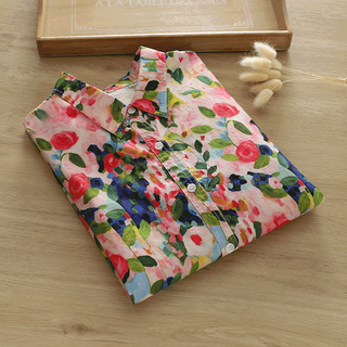 Nuan qiao cotton shirt women's long sleeve mid-length color rose print spring and autumn thin loose large panel cotton shirt women color rose print one size (110-150 jin jin is equal to 0.5 kg)